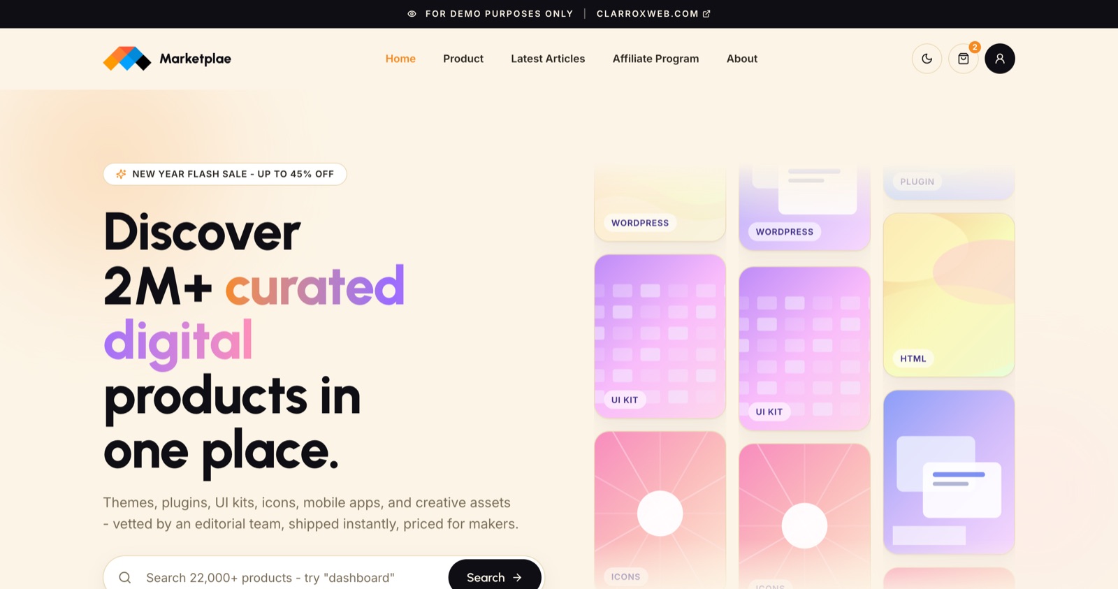 Marketplae digital products marketplace home page with category grid and featured products
