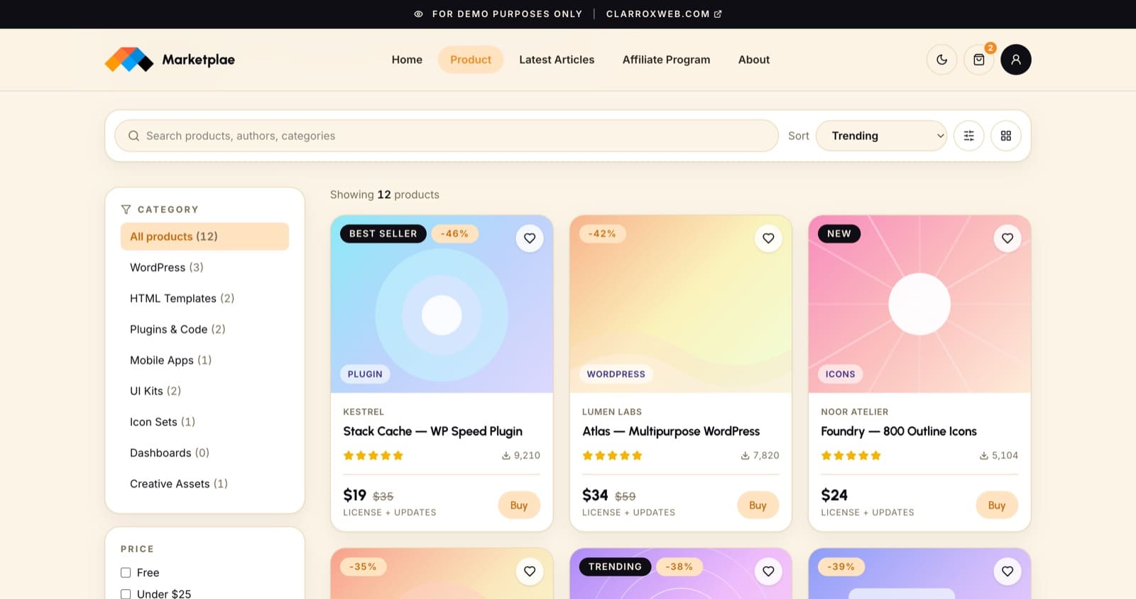 Marketplae product catalog with search, category filters, and sort