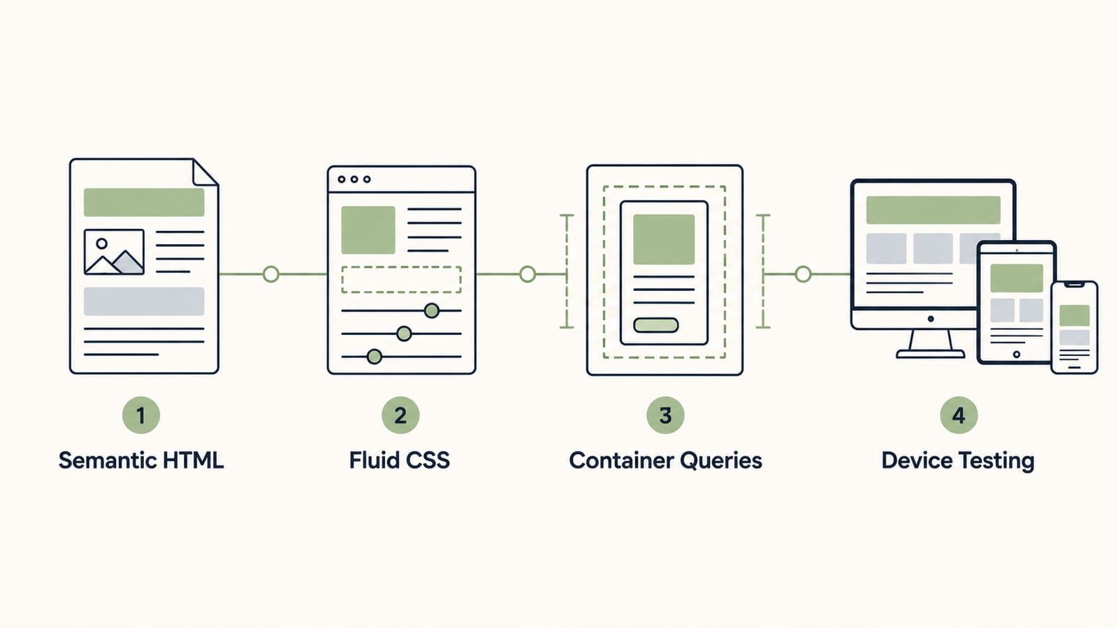 Responsive web design workflow from semantic HTML to fluid CSS to container queries and device testing