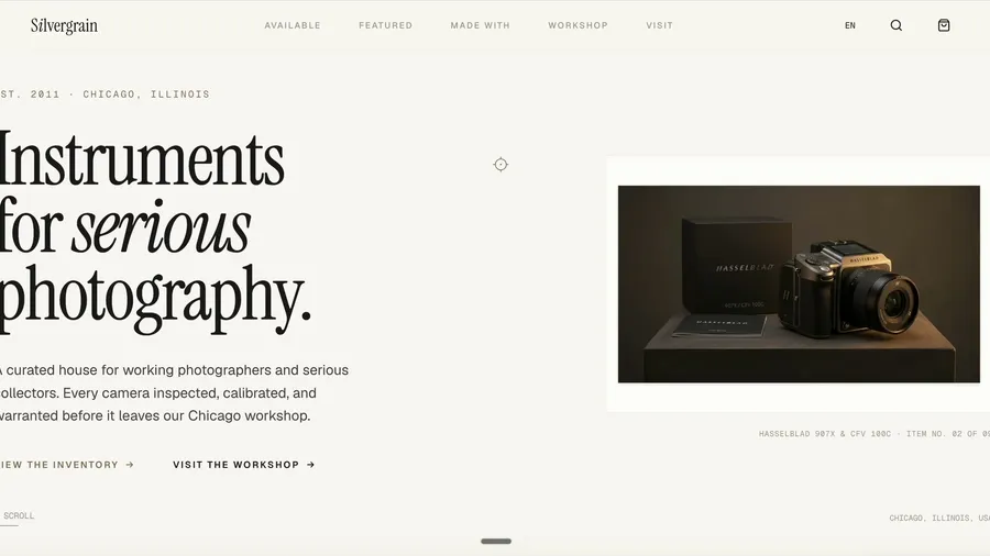 Silvergrain premium camera storefront website hero